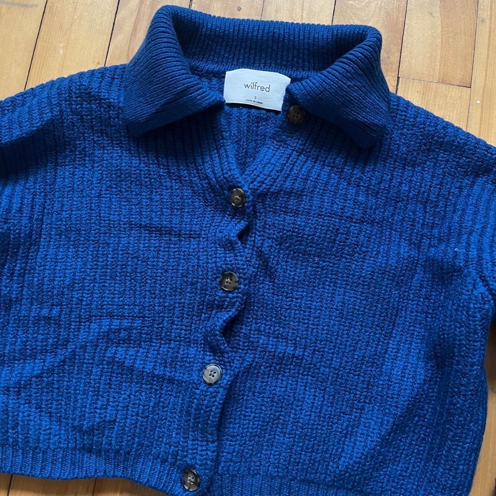 Wilfred Royal Blue Merino Wool Collared Crop Cardigan Sweater Size S